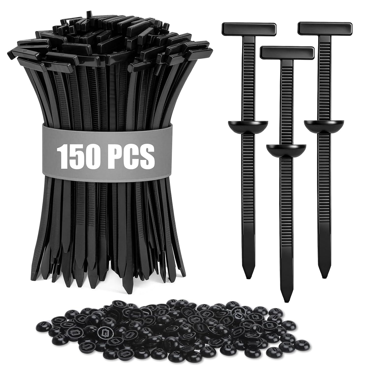 150-pack of black nylon T-style cable tie buckles and automotive retainer clips