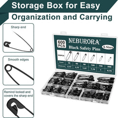 Size chart of black safety pins from smallest to largest