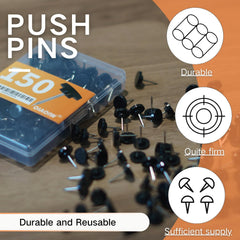 Black push pin holding a photo on a cork board
