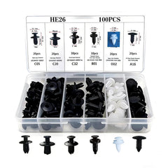 100-piece car plastic rivet clips kit in 6-compartment storage box with size chart showing all retainer types