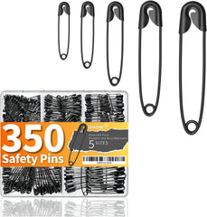 350-pack black safety pins in 5 assorted sizes
