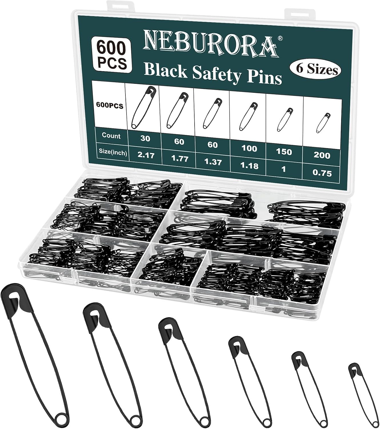 600-pack black safety pins in 6 assorted sizes