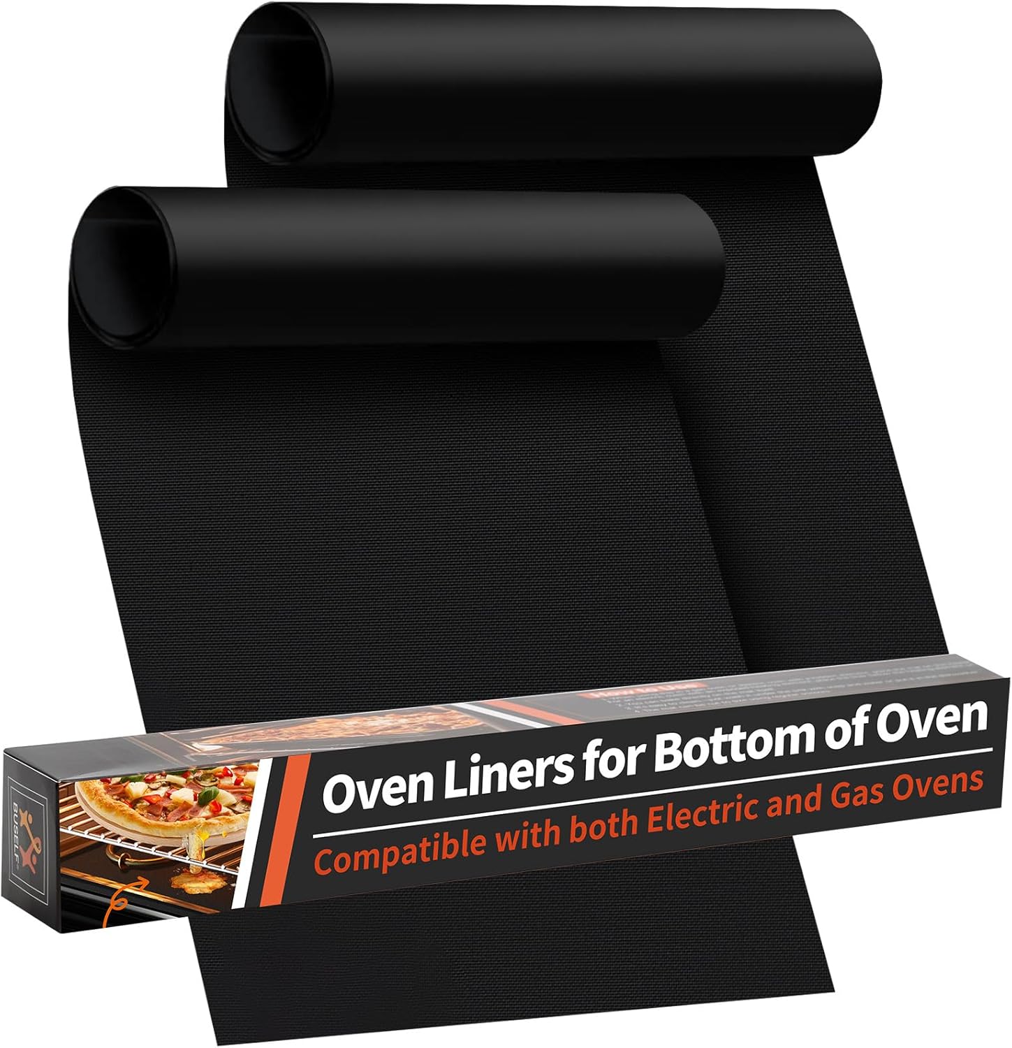 Two black non-stick reusable oven liners, 17 x 25 inches