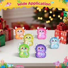 Axolotl squishy toys in assorted colors laid out together