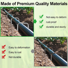 Galvanized steel landscape staples securing drip irrigation tubing in garden soil – rust-proof and durable