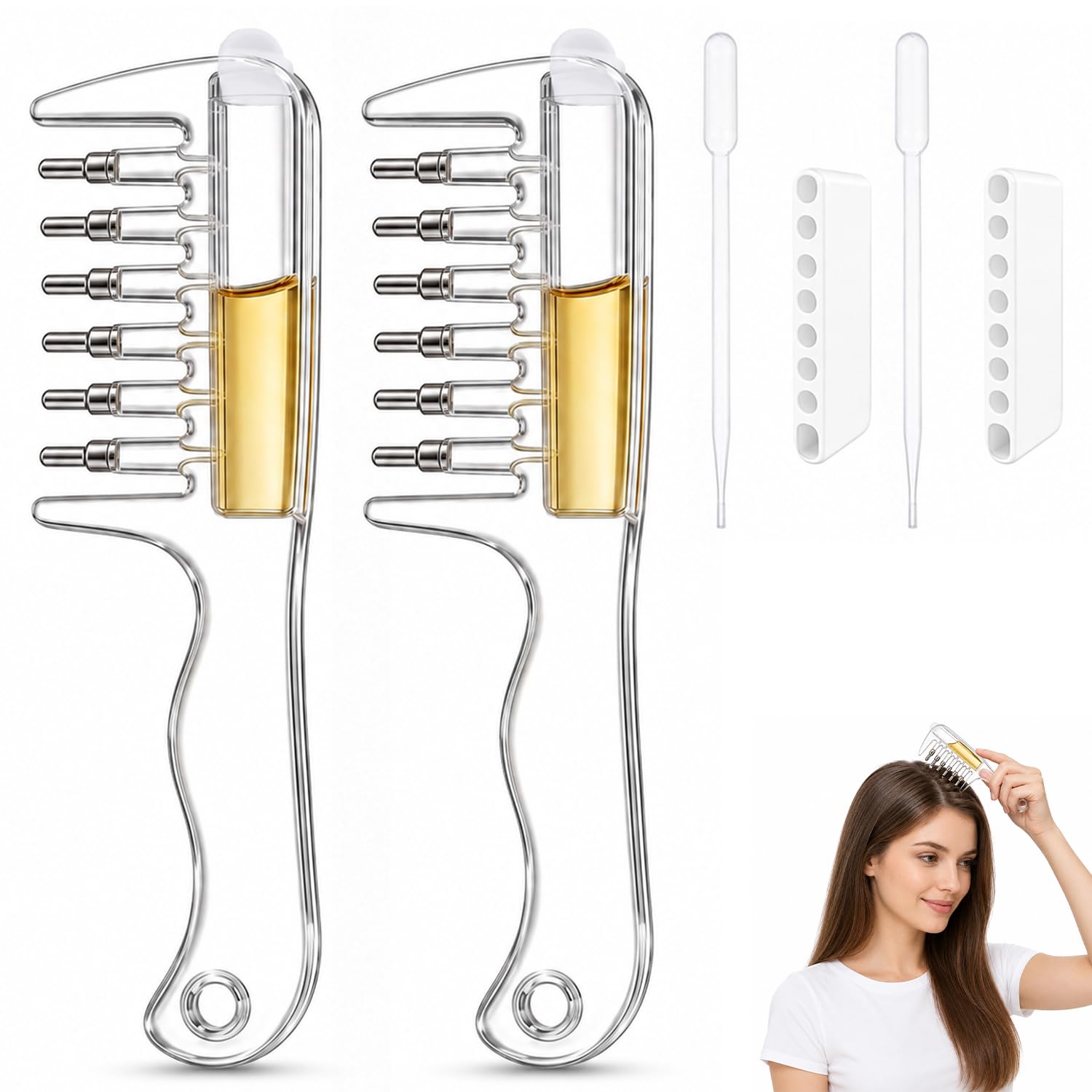 2-pack of refillable scalp oil applicator combs with rollerball tips