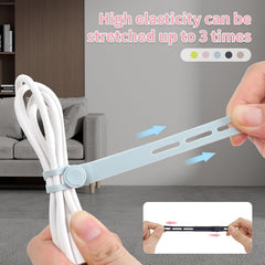 High-elasticity silicone cable tie being stretched to wrap USB cables