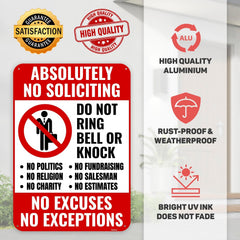 Aluminum no soliciting plaque with pre-drilled mounting holes and rounded corners