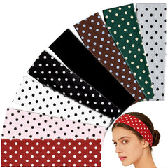8-pack women's retro polka dot headbands in assorted colors laid flat