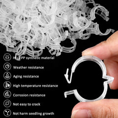 Bulk pile of 200 clear plastic plant support clips made from HI-Q PP material — weather, heat, aging and corrosion resistant