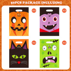 50-Pack Halloween Goodie Bags with Handles – Plastic Trick-or-Treat Candy Bags, 4 Spooky Designs