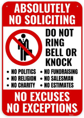10x7 inch aluminum No Soliciting sign with red and white lettering