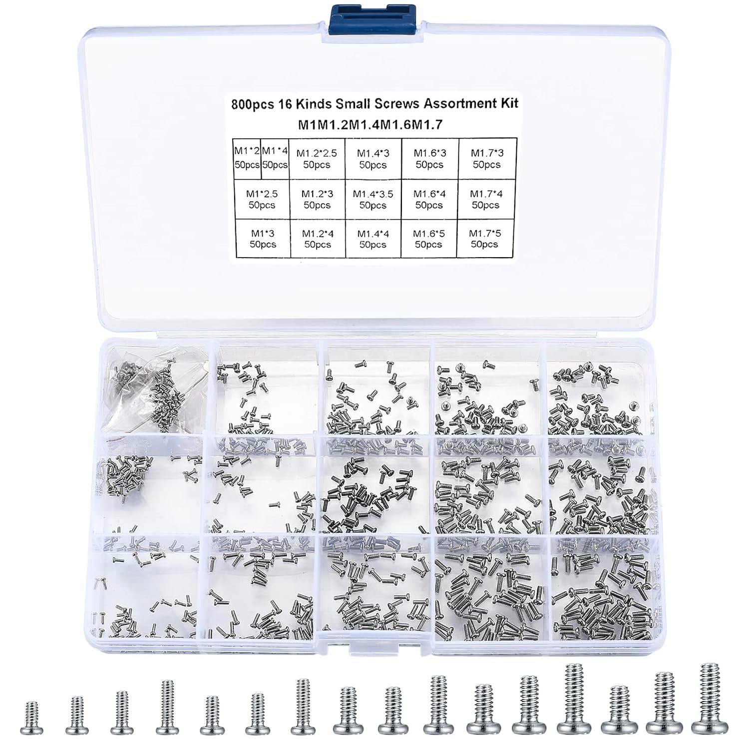 800-piece micro screw assortment kit in clear compartment storage case