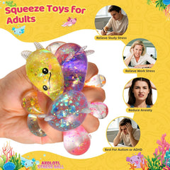 Hand squeezing a soft axolotl squishy fidget toy