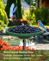 38.5-inch green metal bird bath with shallow bowl, triangular stake base, and bird in flight