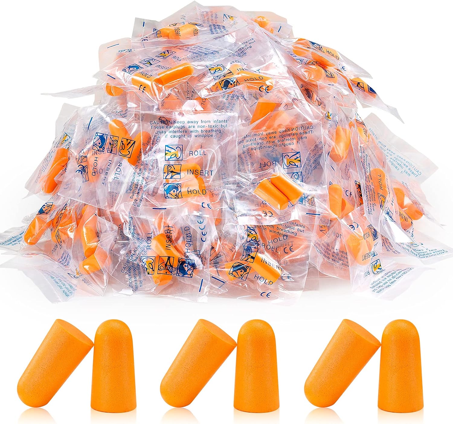 Box of 100 pairs of individually wrapped orange foam ear plugs, 33dB NRR