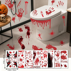Red blood splatter and claw scratch Halloween decals on a window