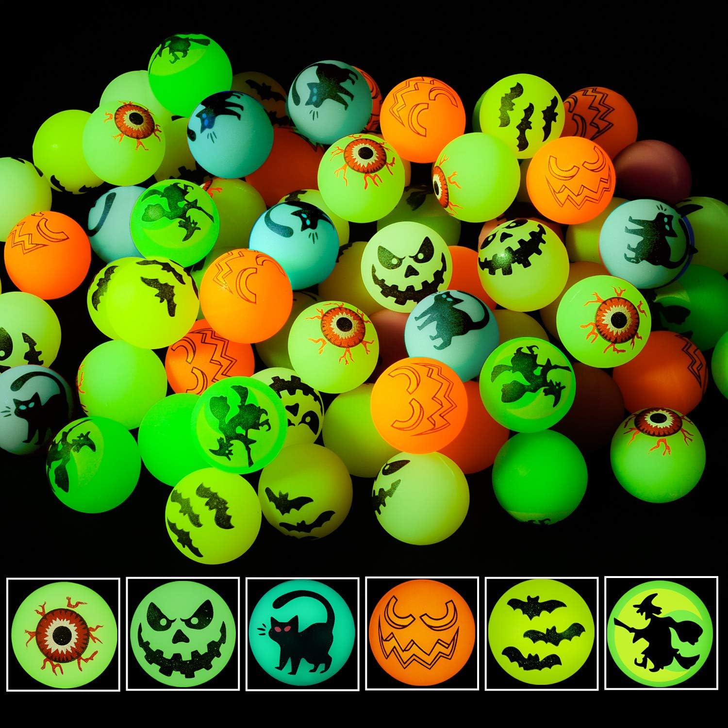 72-piece Halloween glow-in-the-dark bouncy balls pack with assorted spooky designs