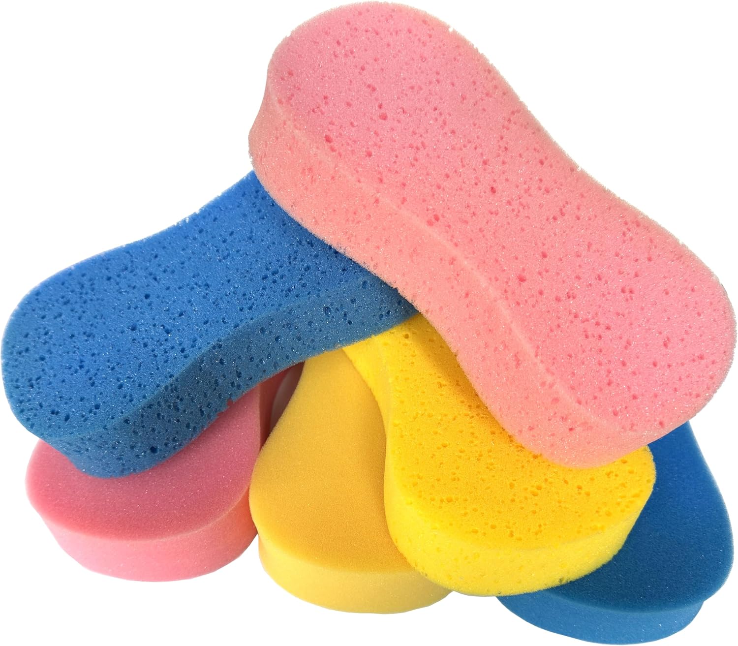 6-pack of large extra thick figure-8 foam car wash sponges in yellow, pink, and blue