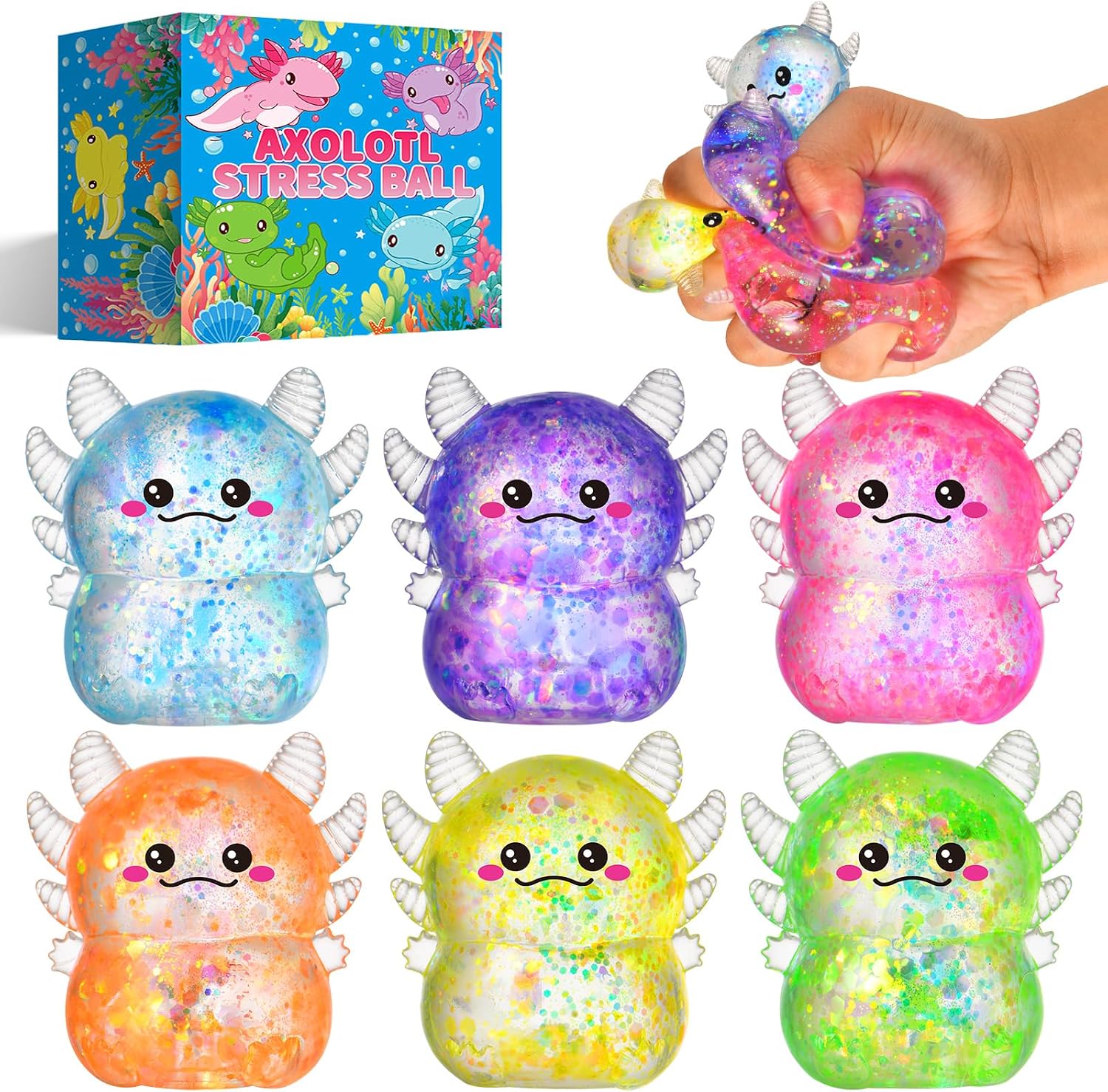 6-pack of colorful axolotl squishy stress balls