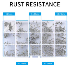 Chart of 16 micro screw sizes from M1x2mm to M1.7x5mm included in the kit