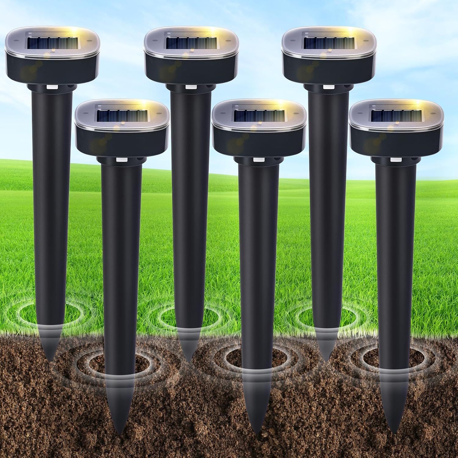 6-pack solar-powered ultrasonic mole repellent stakes set on white background