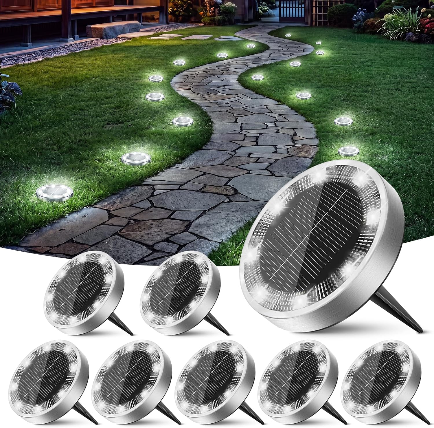 8-pack solar ground lights glowing cool white on a front yard pathway at night