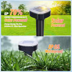 Ultrasonic pest repellent stakes installed in a green lawn around a house
