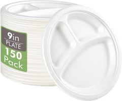 100% Compostable Paper Plates -150 Pack 9 Inch - 3 Compartment Plates Biodegradable Disposable