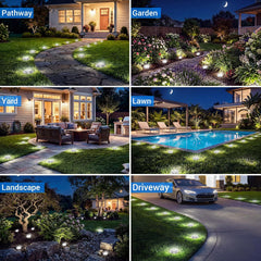 Solar ground lights shown in six outdoor settings: pathway, garden, yard, lawn, landscape, and driveway