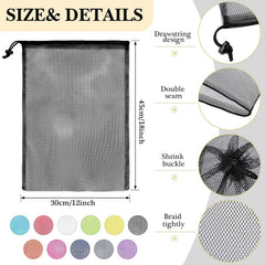 Mesh drawstring bags used for sports equipment storage