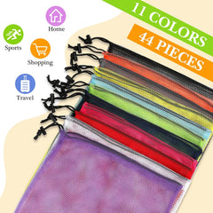 Colorful mesh cinch sacks laid out showing color variety
