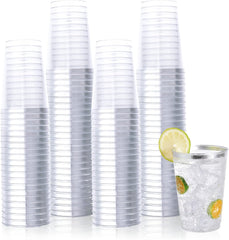 12 Oz Silver Rimmed Plastic Cups - 150 Pack , Disposable Heavy Duty Plastic Cups