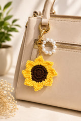 Handmade Crochet Sunflower Pearl Keychain Bag Charm Purse Pendant Car Key Ring
