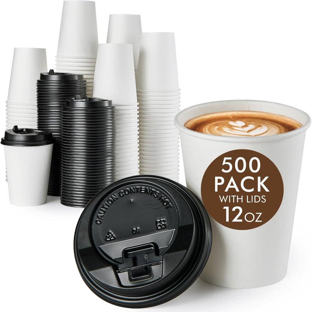 12 OZ Paper Coffee Cups - 500 Pack with Lids, Cold/Hot Drinking Cups