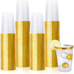 12 OZ Gold Rimmed Plastic Cups - 150 Pack,  Disposable Heavy Duty Plastic Cups