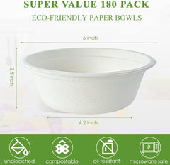 16 Oz Paper Bowls - 180 Pack, Disposable Compostable Bowls Bulk, Eco-Friendly