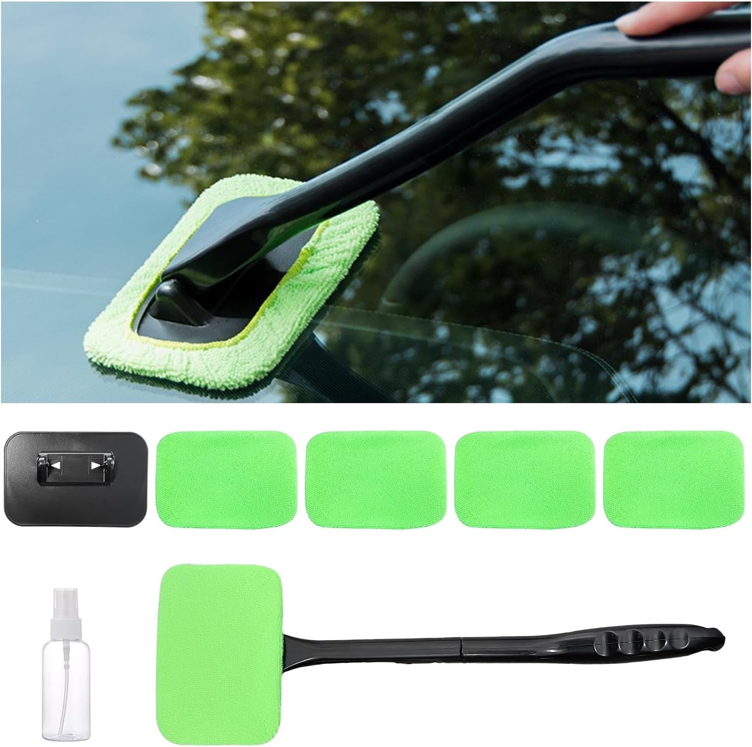 Car Windshield Cleaning Tool, Microfiber Window Cleaner Set with 4 Washable and Reusable Cloth Pad Head