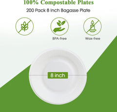 100% Compostable Paper Plates - 200 Pack, 8 Inch Disposable Biodegradable Paper Plates 