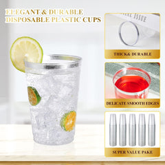 12 Oz Silver Rimmed Plastic Cups - 150 Pack , Disposable Heavy Duty Plastic Cups